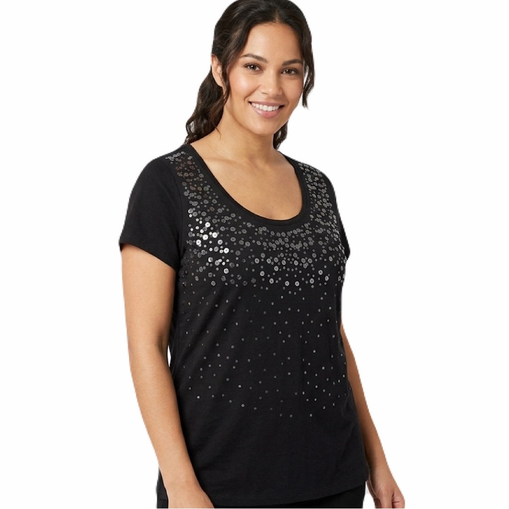 Relatively Woman’s Black Sequins Yoke Scoop Neck Short Sleeve Comfy Tee